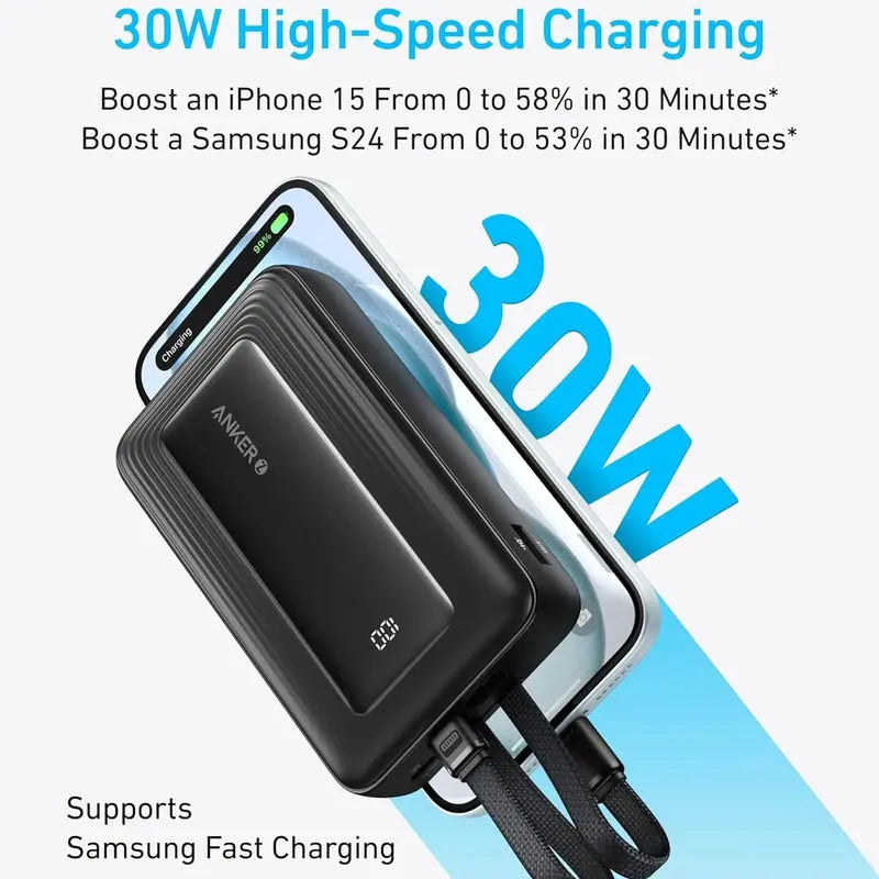 Anker Zolo Power Bank, 10,000mAh 30W Max Fast Charging with Built-In USB-C and MFi-Certified Lightning Cables, For iPhone 15 Series, MacBook, and More