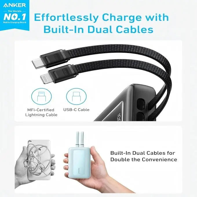 Anker Zolo Power Bank, 10,000mAh 30W Max Fast Charging with Built-In USB-C and MFi-Certified Lightning Cables, For iPhone 15 Series, MacBook, and More