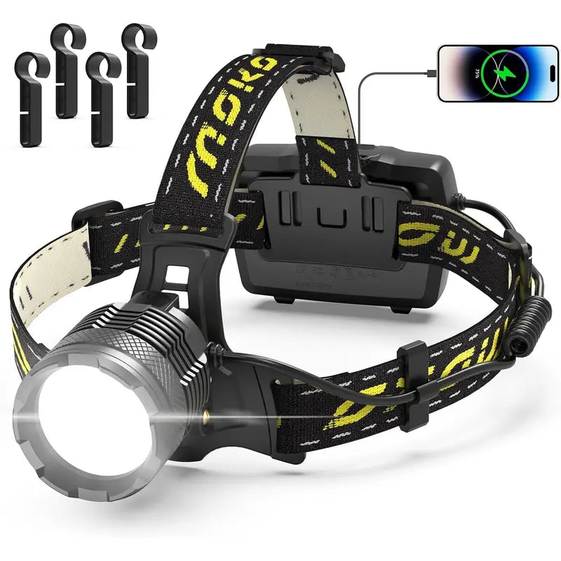 Moko 150000 lumen rechargeable headlamp-60H long battery life detachable, 8 modes super bright 50W bulb IP68 waterproof 90 ° adjustable sensor headlight for outdoor camping fishing running hunting