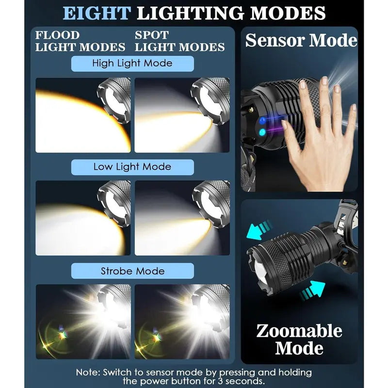Moko 150000 lumen rechargeable headlamp-60H long battery life detachable, 8 modes super bright 50W bulb IP68 waterproof 90 ° adjustable sensor headlight for outdoor camping fishing running hunting