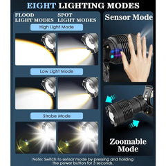 Moko 150000 lumen rechargeable headlamp-60H long battery life detachable, 8 modes super bright 50W bulb IP68 waterproof 90 ° adjustable sensor headlight for outdoor camping fishing running hunting