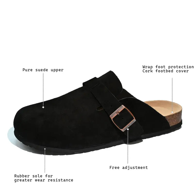 Snowind Women Men Round Toe Cork Footbed Clogs with Adjustable Flat Buckle, Suede Texture, and Casual Outdoor Slip-On Design