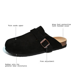 Snowind Women Men Round Toe Cork Footbed Clogs with Adjustable Flat Buckle, Suede Texture, and Casual Outdoor Slip-On Design