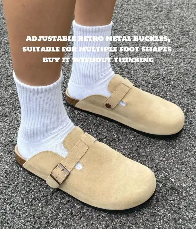 Snowind Women Men Round Toe Cork Footbed Clogs with Adjustable Flat Buckle, Suede Texture, and Casual Outdoor Slip-On Design