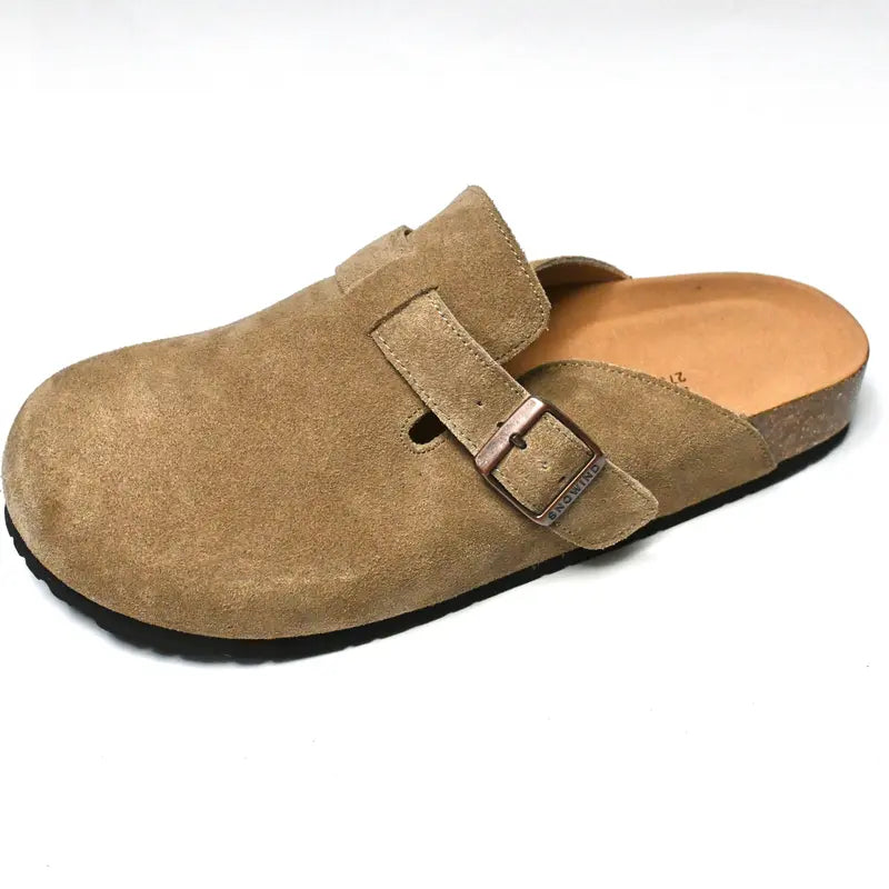 Snowind Women Men Round Toe Cork Footbed Clogs with Adjustable Flat Buckle, Suede Texture, and Casual Outdoor Slip-On Design