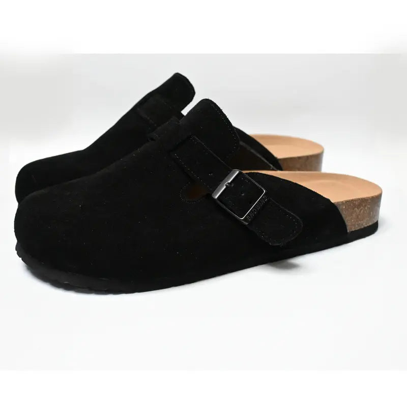 Snowind Women Men Round Toe Cork Footbed Clogs with Adjustable Flat Buckle, Suede Texture, and Casual Outdoor Slip-On Design