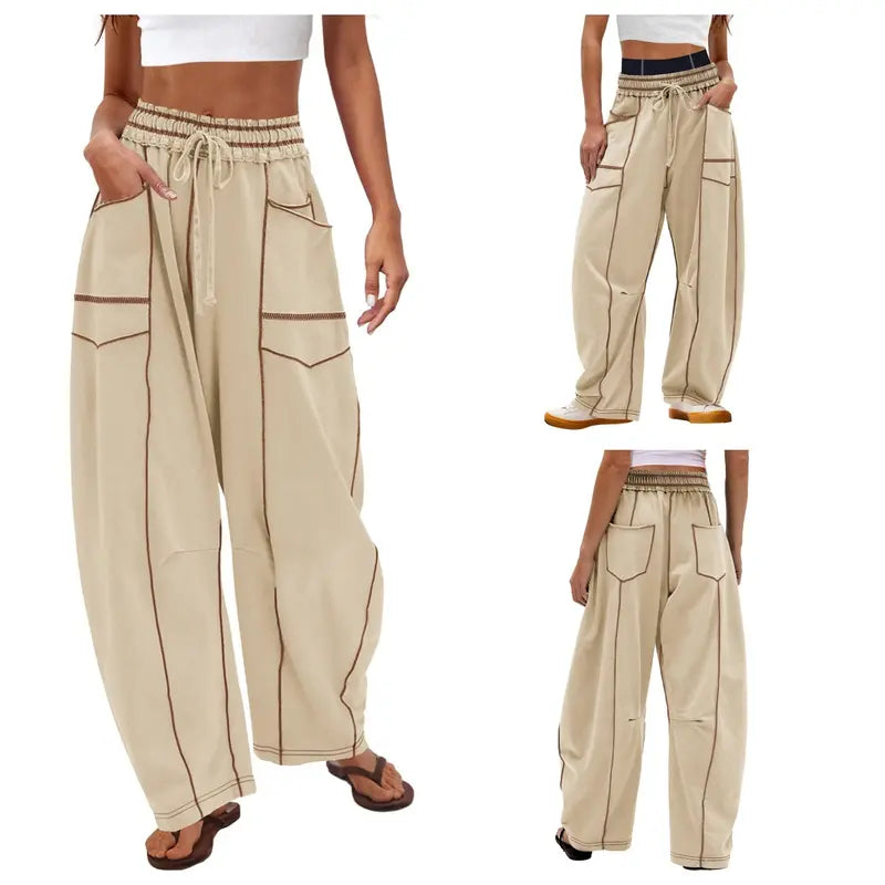 Tanming Women's High Waisted Barrel Sweatpants Wide Leg Lounge Joggers with Pockets Drawstring Waist Soft Breathable Fabric Seam Stitch Detailing Fall Casual Pants Athleisure Style Bottoms Womenswear Trouser