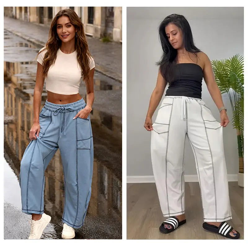Tanming Women's High Waisted Barrel Sweatpants Wide Leg Lounge Joggers with Pockets Drawstring Waist Soft Breathable Fabric Seam Stitch Detailing Fall Casual Pants Athleisure Style Bottoms Womenswear Trouser