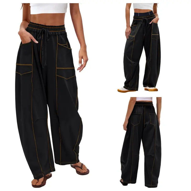 Tanming Women's High Waisted Barrel Sweatpants Wide Leg Lounge Joggers with Pockets Drawstring Waist Soft Breathable Fabric Seam Stitch Detailing Fall Casual Pants Athleisure Style Bottoms Womenswear Trouser