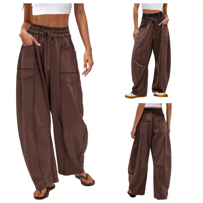 Tanming Women's High Waisted Barrel Sweatpants Wide Leg Lounge Joggers with Pockets Drawstring Waist Soft Breathable Fabric Seam Stitch Detailing Fall Casual Pants Athleisure Style Bottoms Womenswear Trouser