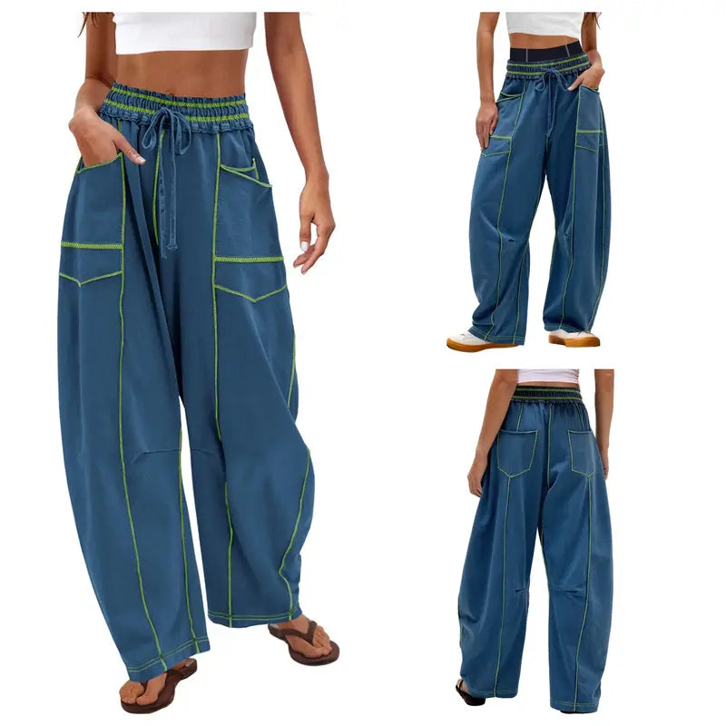 Tanming Women's High Waisted Barrel Sweatpants Wide Leg Lounge Joggers with Pockets Drawstring Waist Soft Breathable Fabric Seam Stitch Detailing Fall Casual Pants Athleisure Style Bottoms Womenswear Trouser