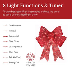 Best Choice Products Pre-Lit Christmas Bow,Large Outdoor LED Lighted Holiday Décor w/ 8Light Functions, Hook