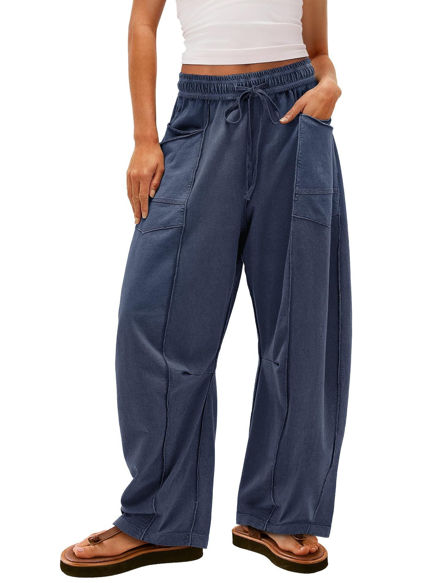 Tanming Women's High Waisted Barrel Sweatpants Wide Leg Lounge Joggers with Pockets Drawstring Waist Soft Breathable Fabric Seam Stitch Detailing Fall Casual Pants Athleisure Style Bottoms Womenswear Trouser