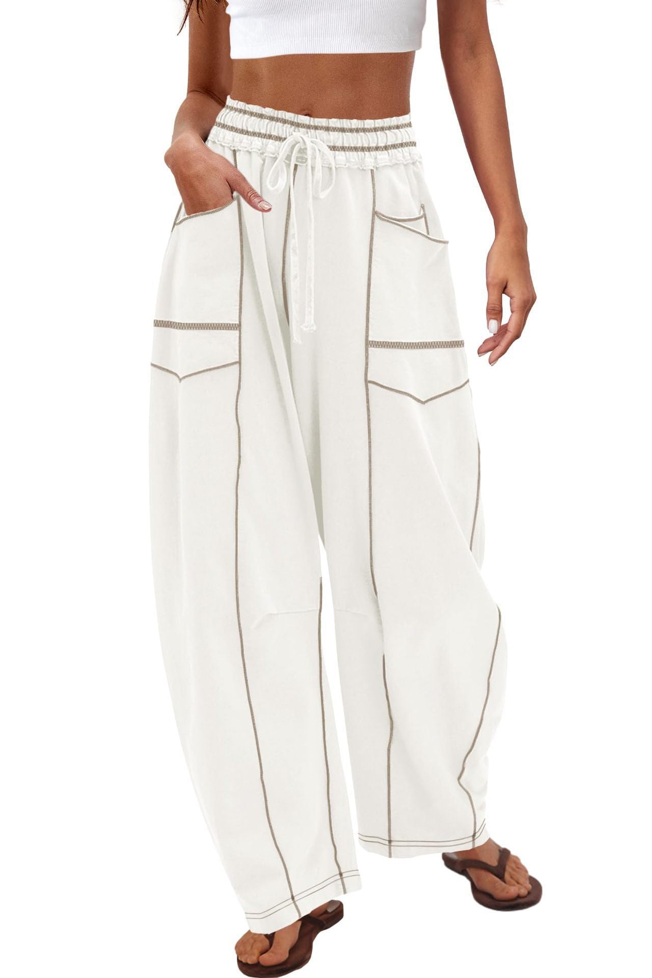 Tanming Women's High Waisted Barrel Sweatpants Wide Leg Lounge Joggers with Pockets Drawstring Waist Soft Breathable Fabric Seam Stitch Detailing Fall Casual Pants Athleisure Style Bottoms Womenswear Trouser