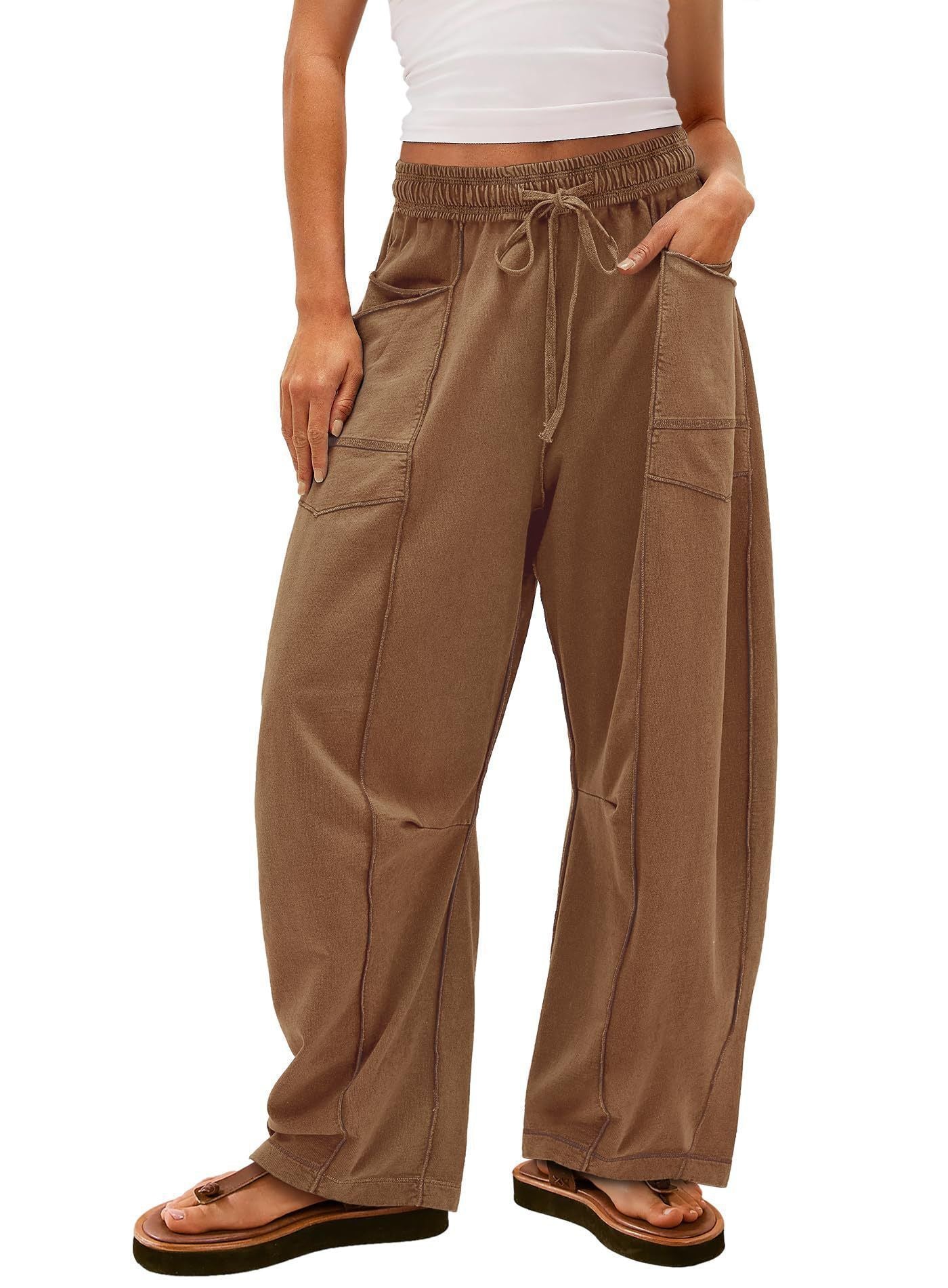 Tanming Women's High Waisted Barrel Sweatpants Wide Leg Lounge Joggers with Pockets Drawstring Waist Soft Breathable Fabric Seam Stitch Detailing Fall Casual Pants Athleisure Style Bottoms Womenswear Trouser