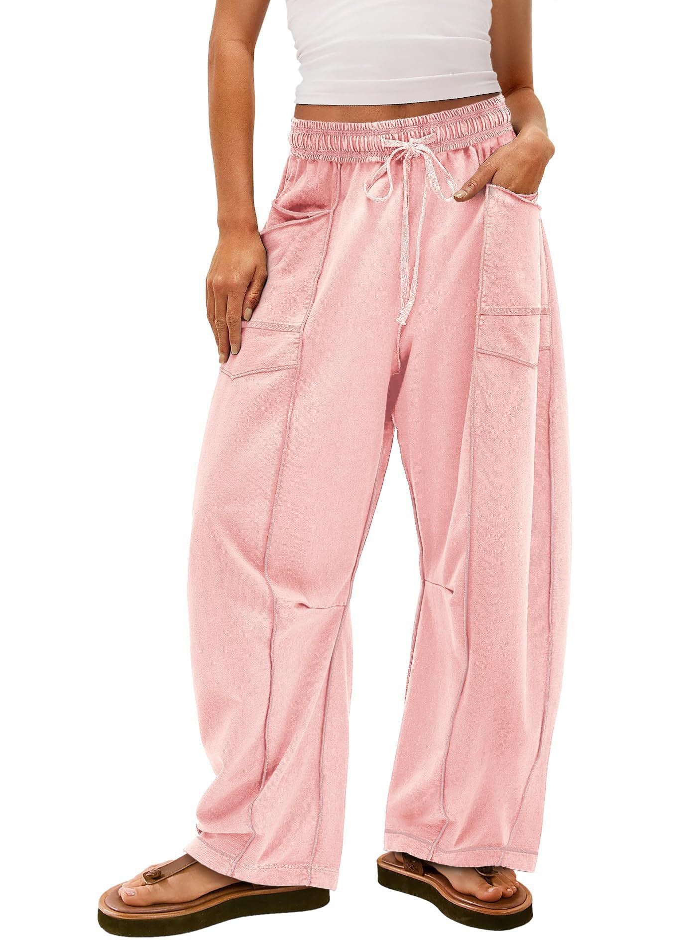 Tanming Women's High Waisted Barrel Sweatpants Wide Leg Lounge Joggers with Pockets Drawstring Waist Soft Breathable Fabric Seam Stitch Detailing Fall Casual Pants Athleisure Style Bottoms Womenswear Trouser