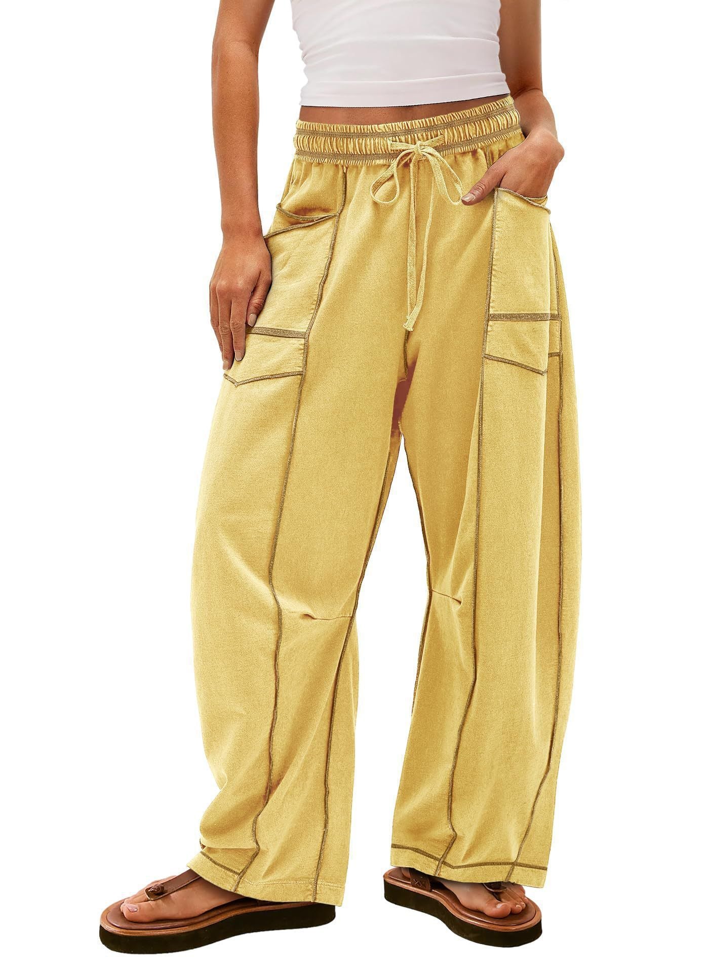 Tanming Women's High Waisted Barrel Sweatpants Wide Leg Lounge Joggers with Pockets Drawstring Waist Soft Breathable Fabric Seam Stitch Detailing Fall Casual Pants Athleisure Style Bottoms Womenswear Trouser