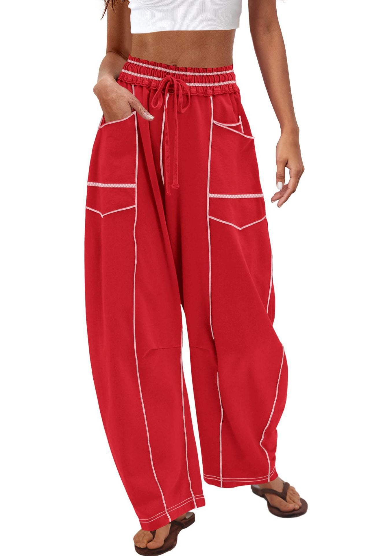 Tanming Women's High Waisted Barrel Sweatpants Wide Leg Lounge Joggers with Pockets Drawstring Waist Soft Breathable Fabric Seam Stitch Detailing Fall Casual Pants Athleisure Style Bottoms Womenswear Trouser