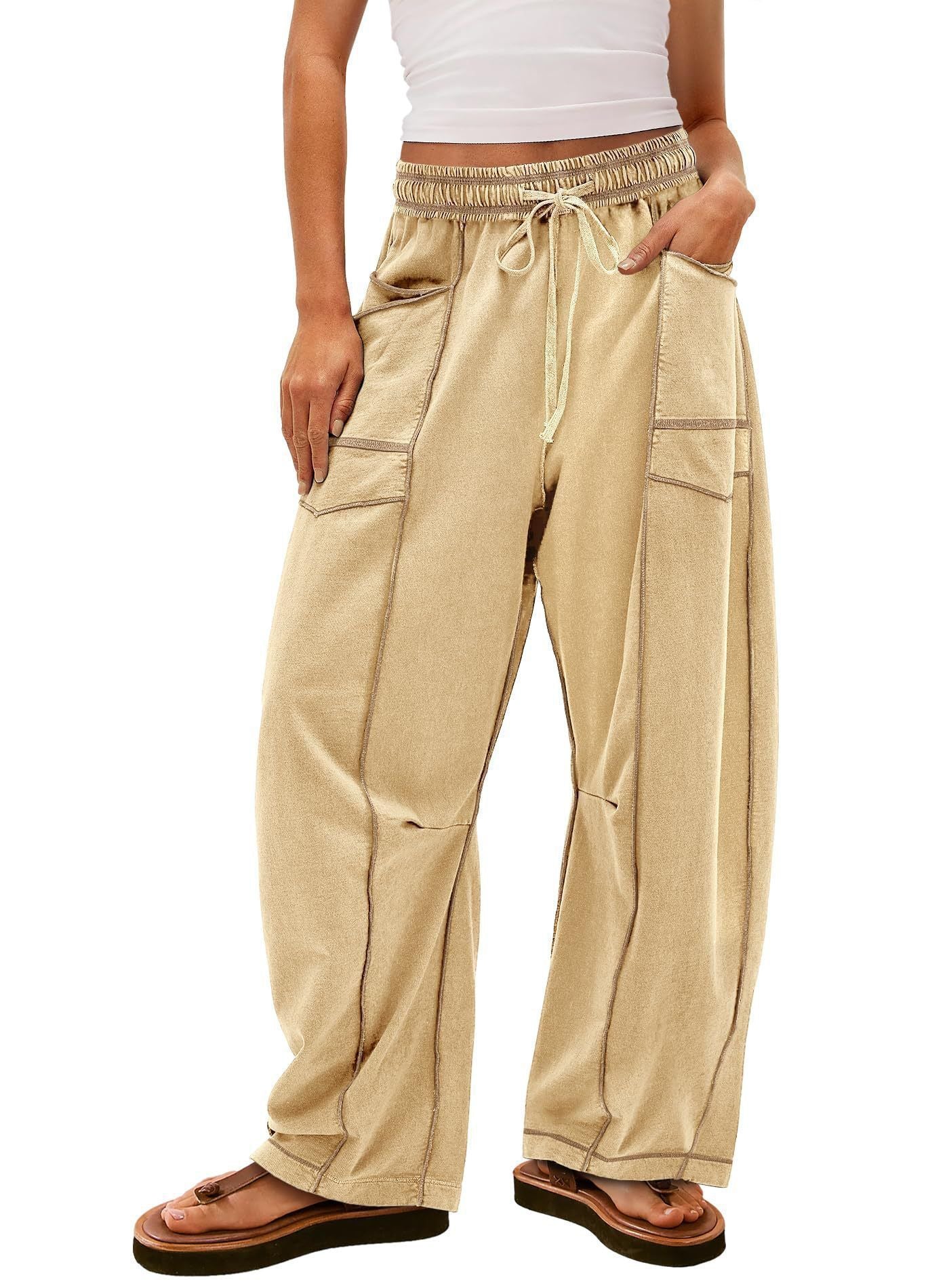 Tanming Women's High Waisted Barrel Sweatpants Wide Leg Lounge Joggers with Pockets Drawstring Waist Soft Breathable Fabric Seam Stitch Detailing Fall Casual Pants Athleisure Style Bottoms Womenswear Trouser