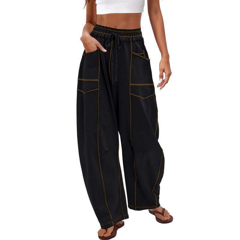 Tanming Women's High Waisted Barrel Sweatpants Wide Leg Lounge Joggers with Pockets Drawstring Waist Soft Breathable Fabric Seam Stitch Detailing Fall Casual Pants Athleisure Style Bottoms Womenswear Trouser