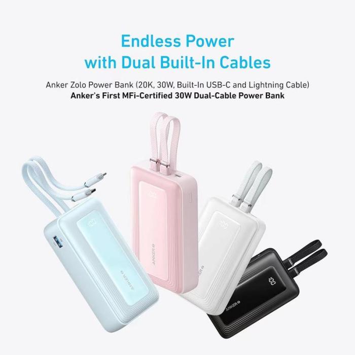 Anker Zolo Power Bank, 10,000mAh 30W Max Fast Charging with Built-In USB-C and MFi-Certified Lightning Cables, For iPhone 15 Series, MacBook, and More